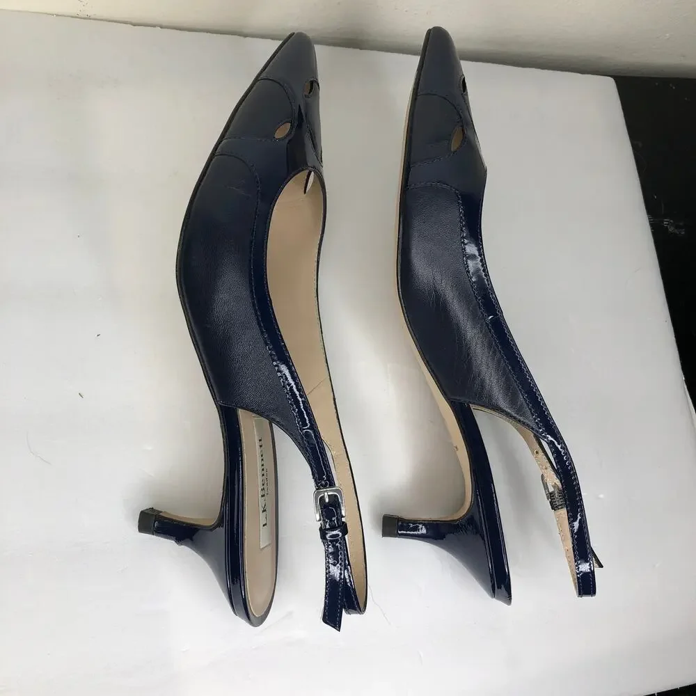 L.K. Bennett Shoe Sling Back Kitten Heel Cut Out Pointed Toe Navy Blue Chic 38.5